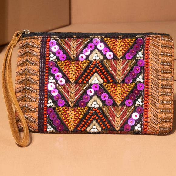 Handmade Hand Beaded & Sequined Wristlet Clutch - Ethnic Inspired Pattern - Picture 2 of 6